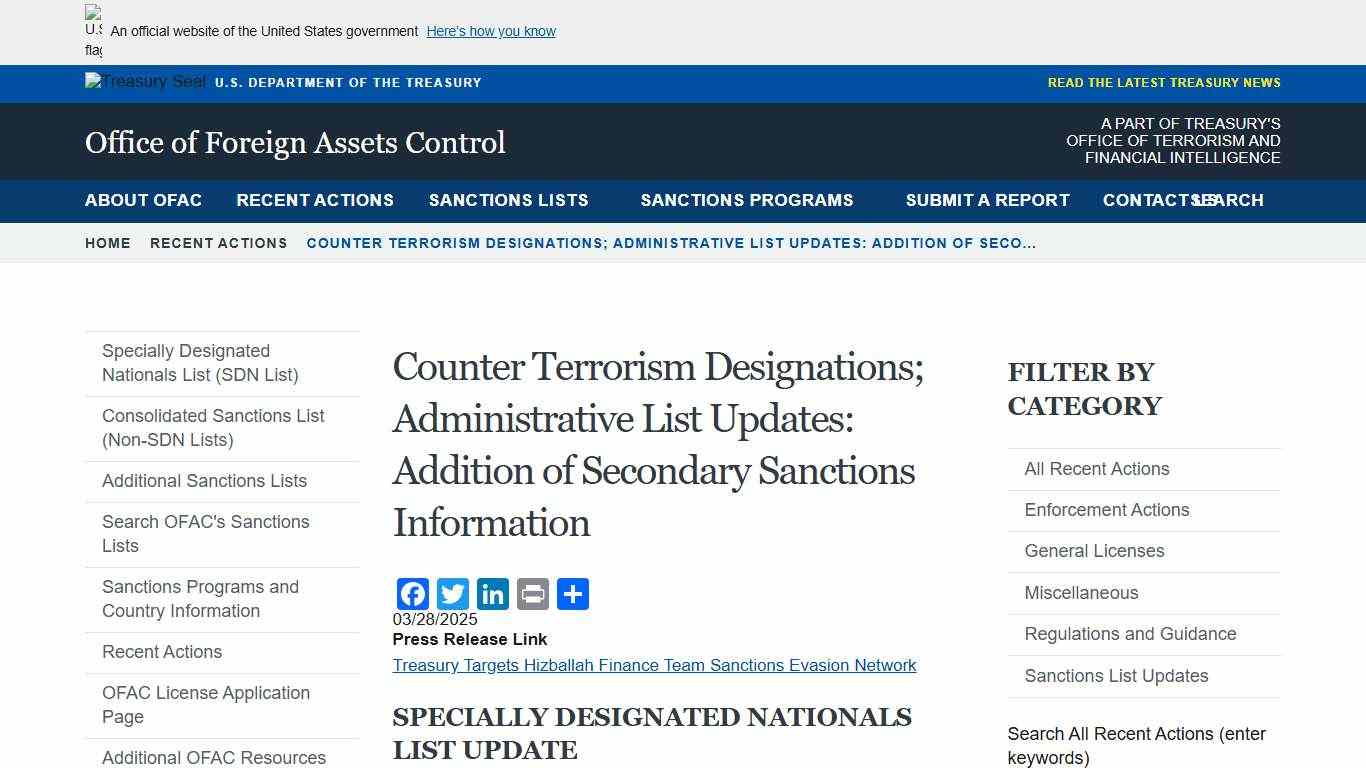 Counter Terrorism Designations; Administrative List Updates: Addition of Secondary Sanctions Information Office of Foreign Assets Control